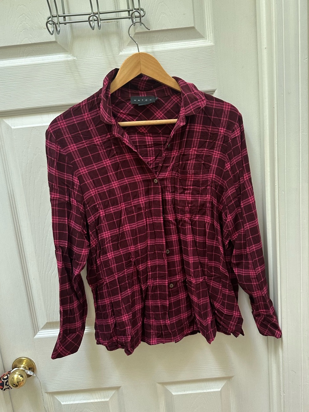 HATCH Maternity button-down flannel shirt Burgundy Plaid top small pink
